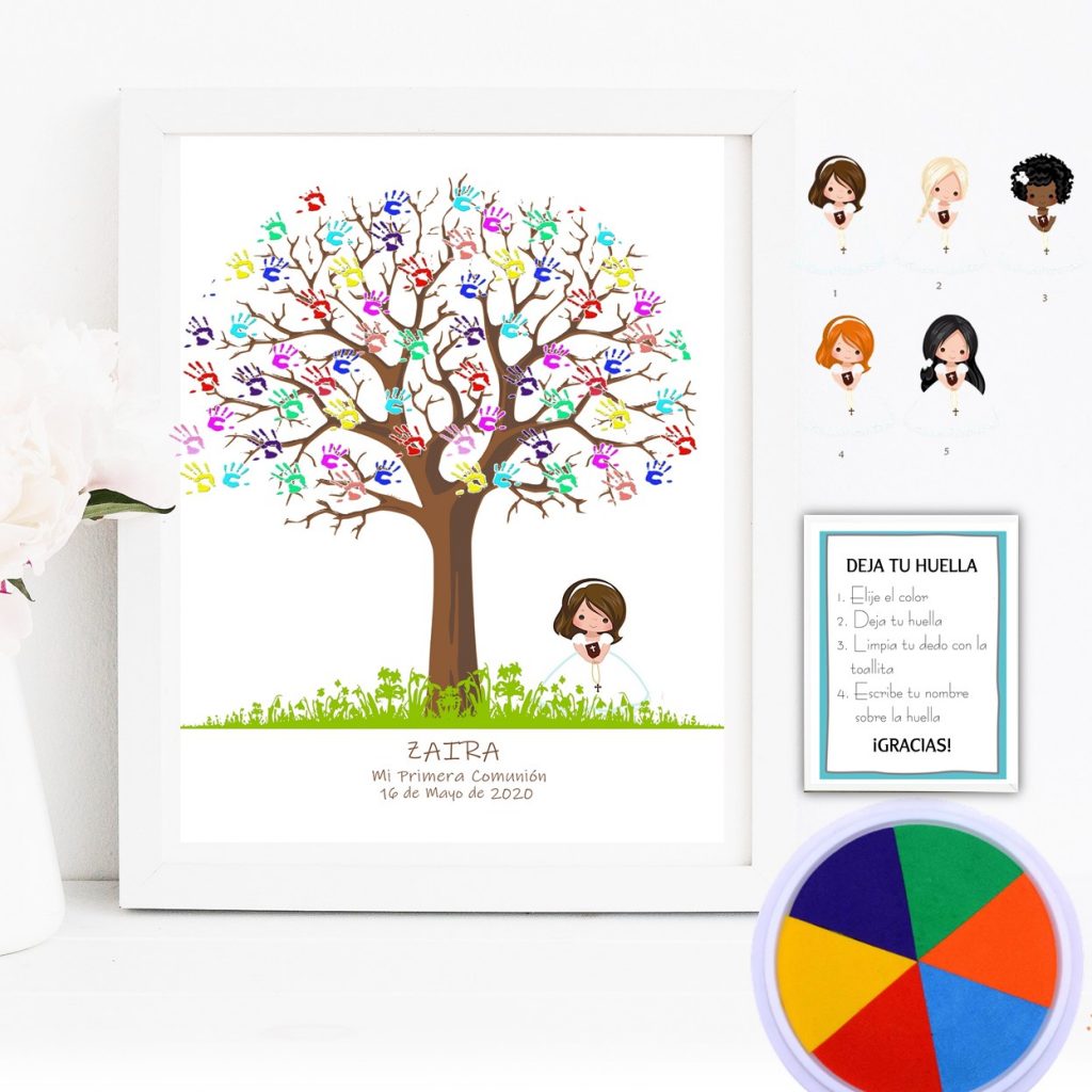 Kit Árbol de huellas + Banner con ilustración niña. 5 modelos de niña.
