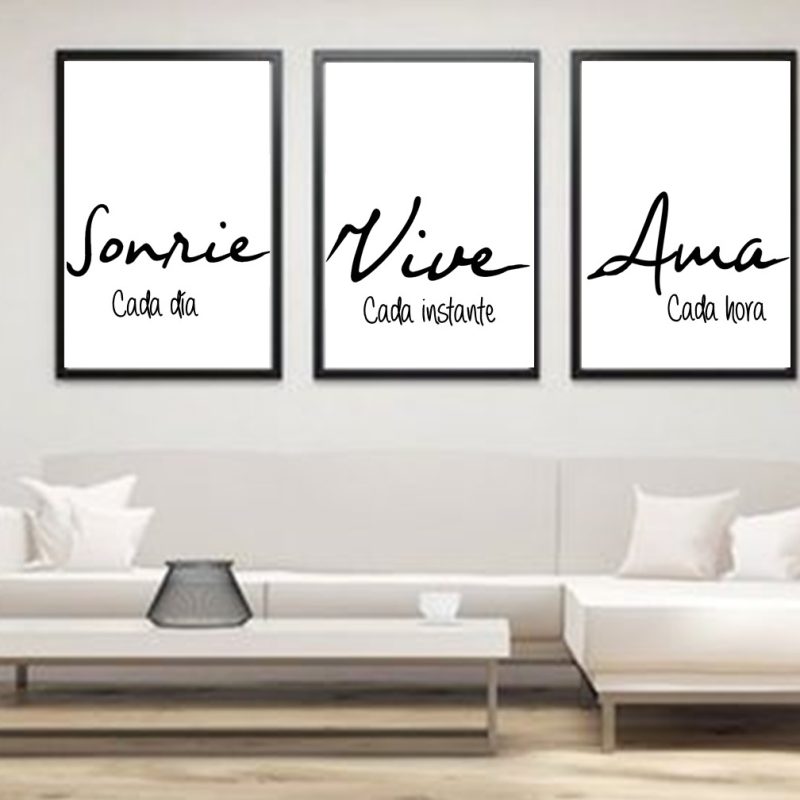 Tríptico con frase motivadora "Sonríe, Vive, Ama”. Marcos incluidos. Sin clavos. Varias medidas.