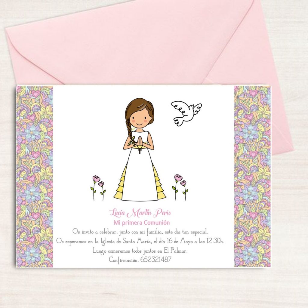 Invitación para comunión niña. Personalizada. Pack 24 unidades.Modelo multicolor.