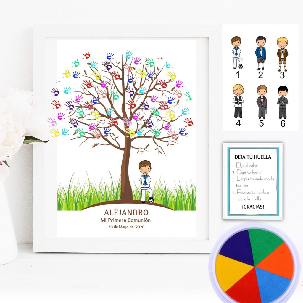 Kit Árbol de huellas + Banner con ilustración niño. Modelo sixty.