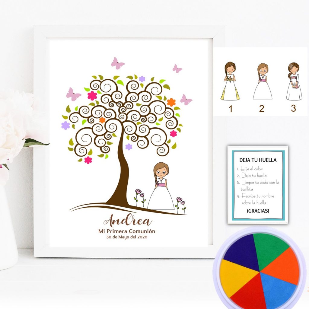 Kit Árbol de huellas +  banner para Comunión niña. Modelo multicolor.