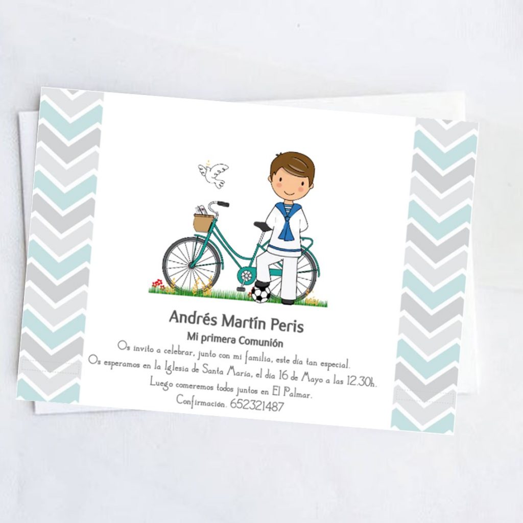 Invitación para comunión niño.Modelo bicicleta.