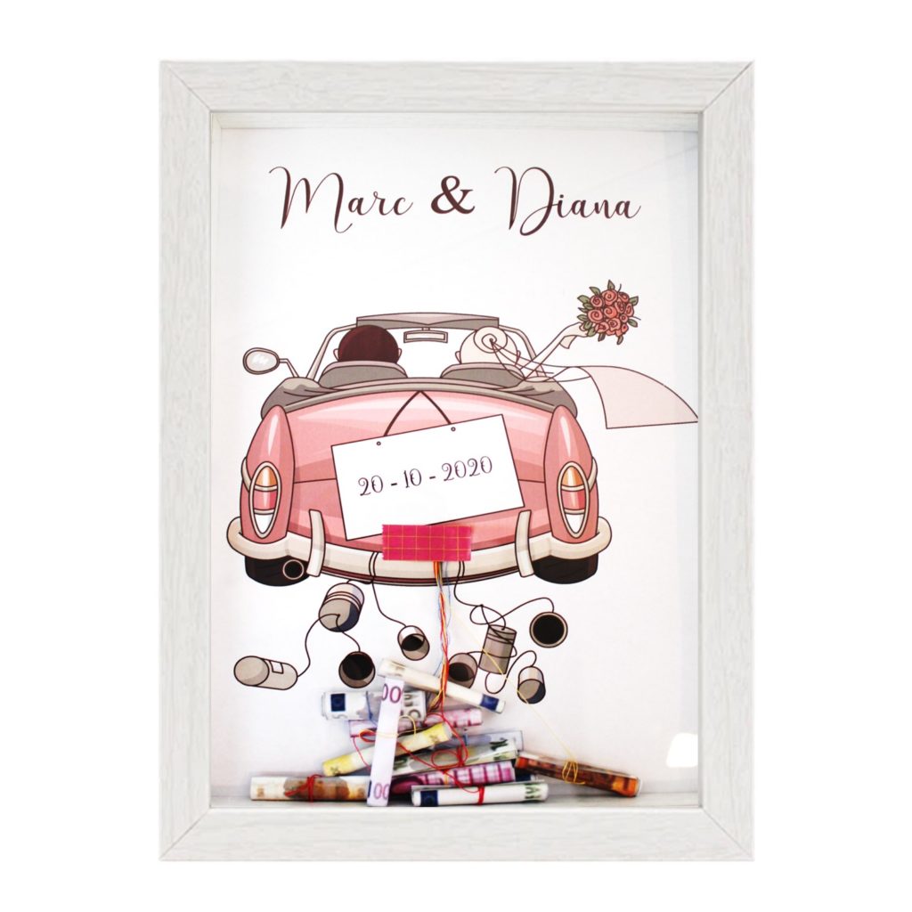 Cuadro para regalar dinero a los novios. Recuerdo boda. Coche rosa