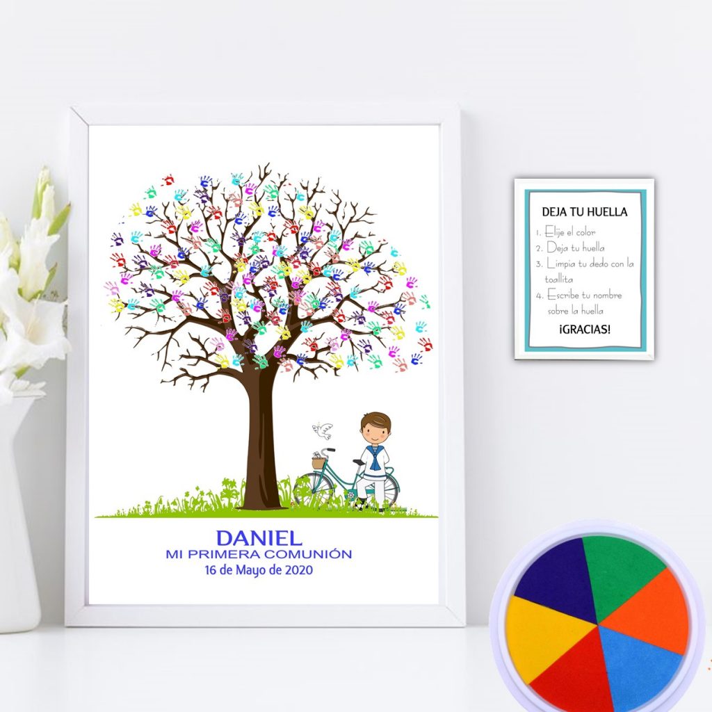 Kit Árbol de huellas + Banner con ilustración niño. Modelo bicicleta.