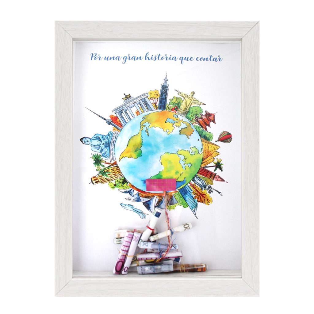 Cuadro para regalar dinero a los novios. Personalizado. Regalo de boda. Vuelta al mundo.