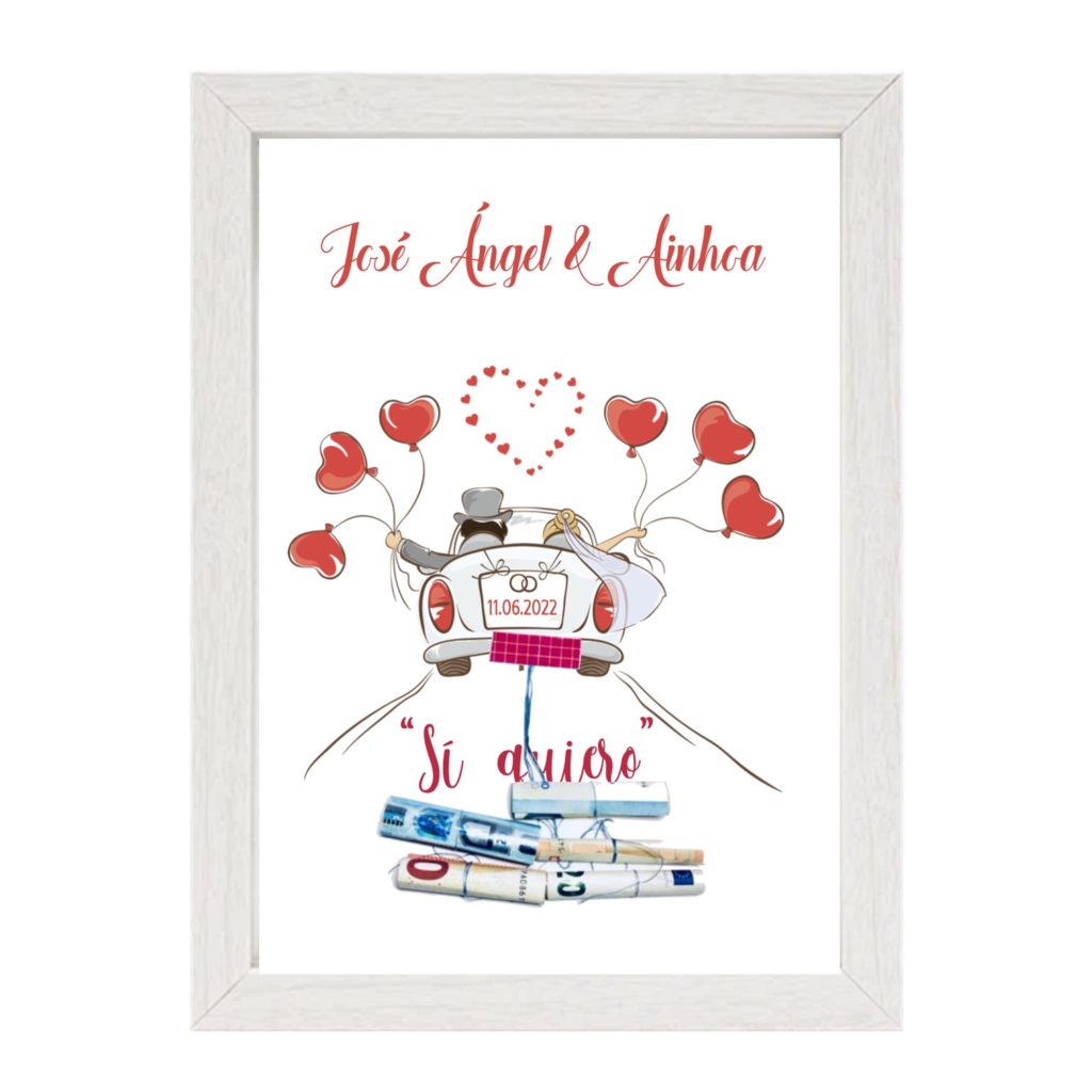 Cuadro hucha para regalar dinero a los novios. Personalizado. Regalo boda. Corazones rojos