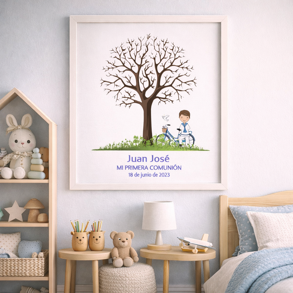 Kit Árbol de huellas + Banner con ilustración niño. Modelo bicicleta. - Imagen 3