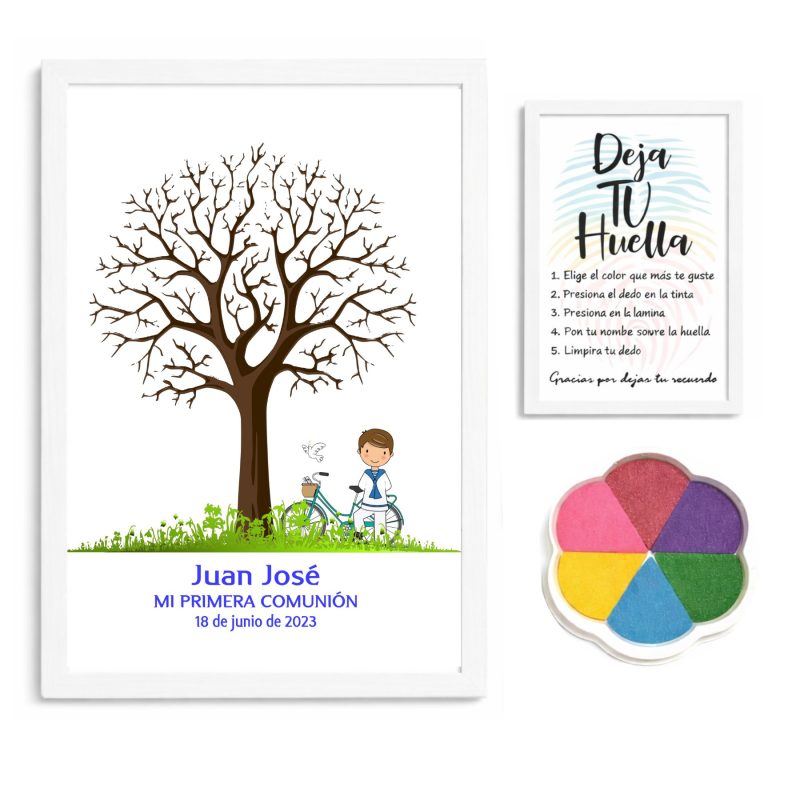 Kit Árbol de huellas + Banner con ilustración niño. Modelo bicicleta.