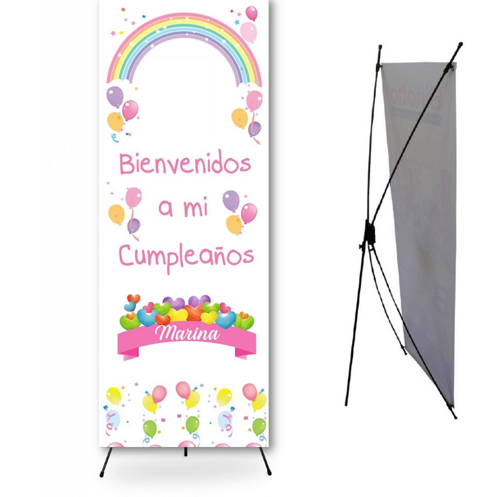 Cartel Banner para cumpleaños. Personalizado. Modelo Arco iris con globos.