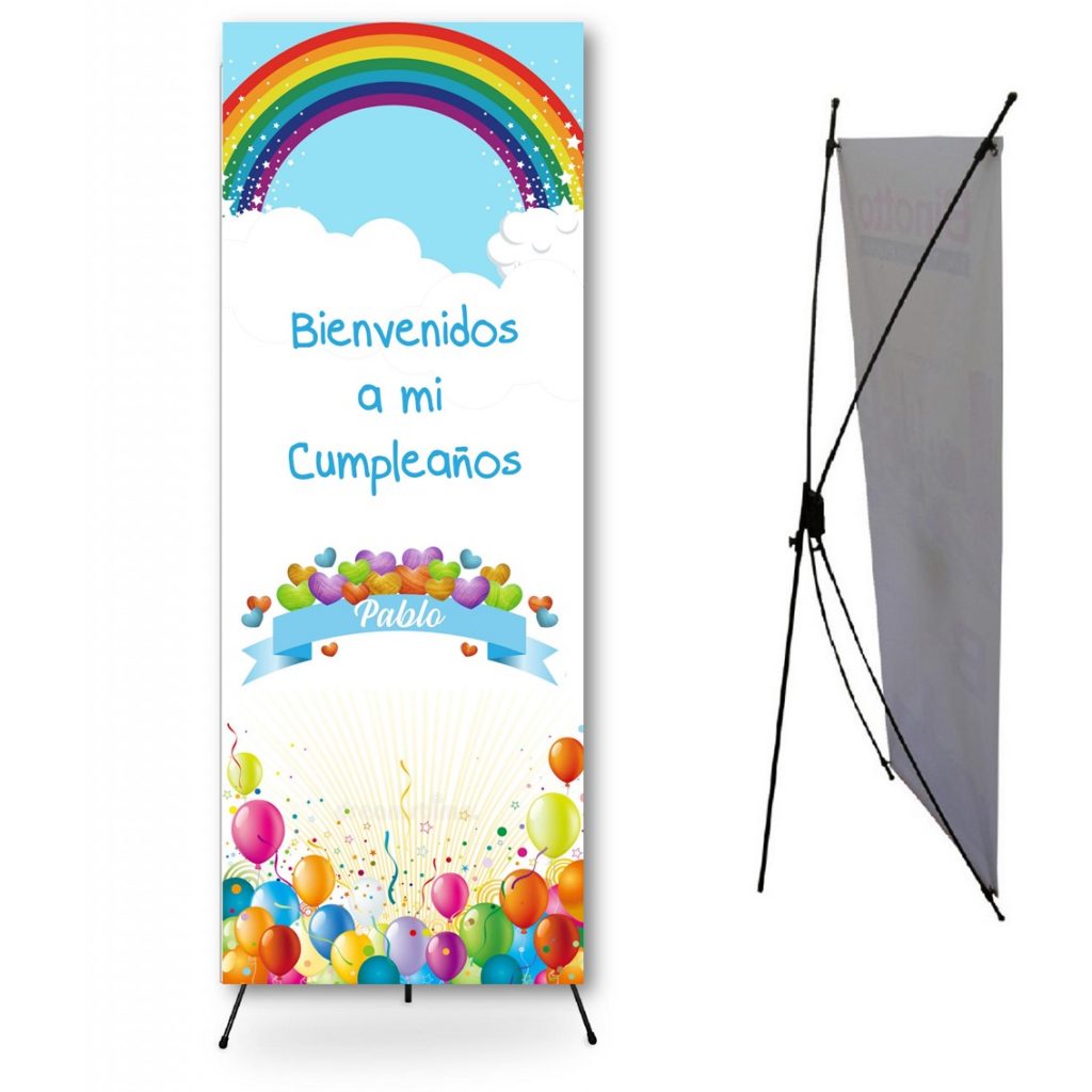 Cartel Banner para cumpleaños. Modelo Arco iris, sobre cielo azul.