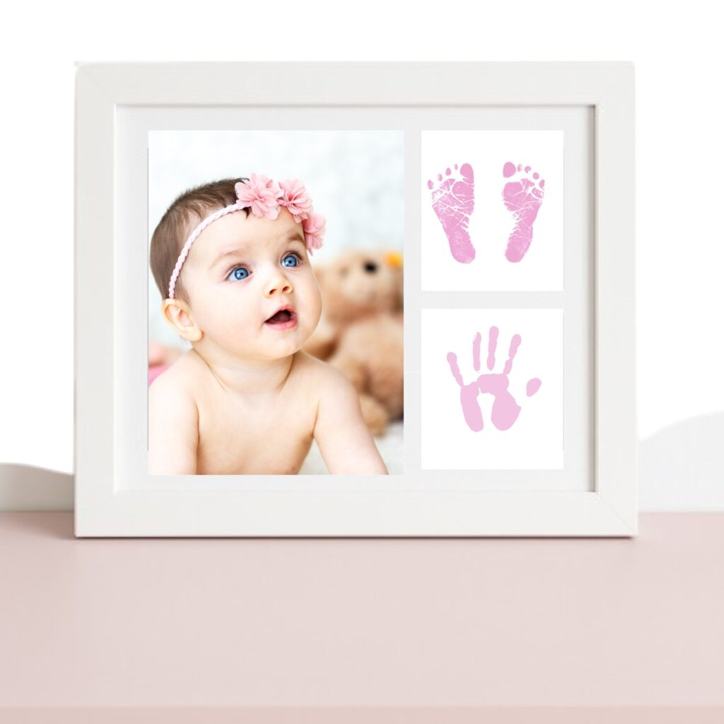 Cuadro para huellas de pie y mano del bebé, con datos.