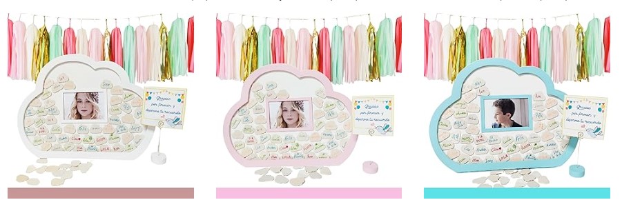 Libro de visitas en forma de nube, con Foto. Tamaño 40 x 30 cm. 50 Nubes de Madera para Firmar.