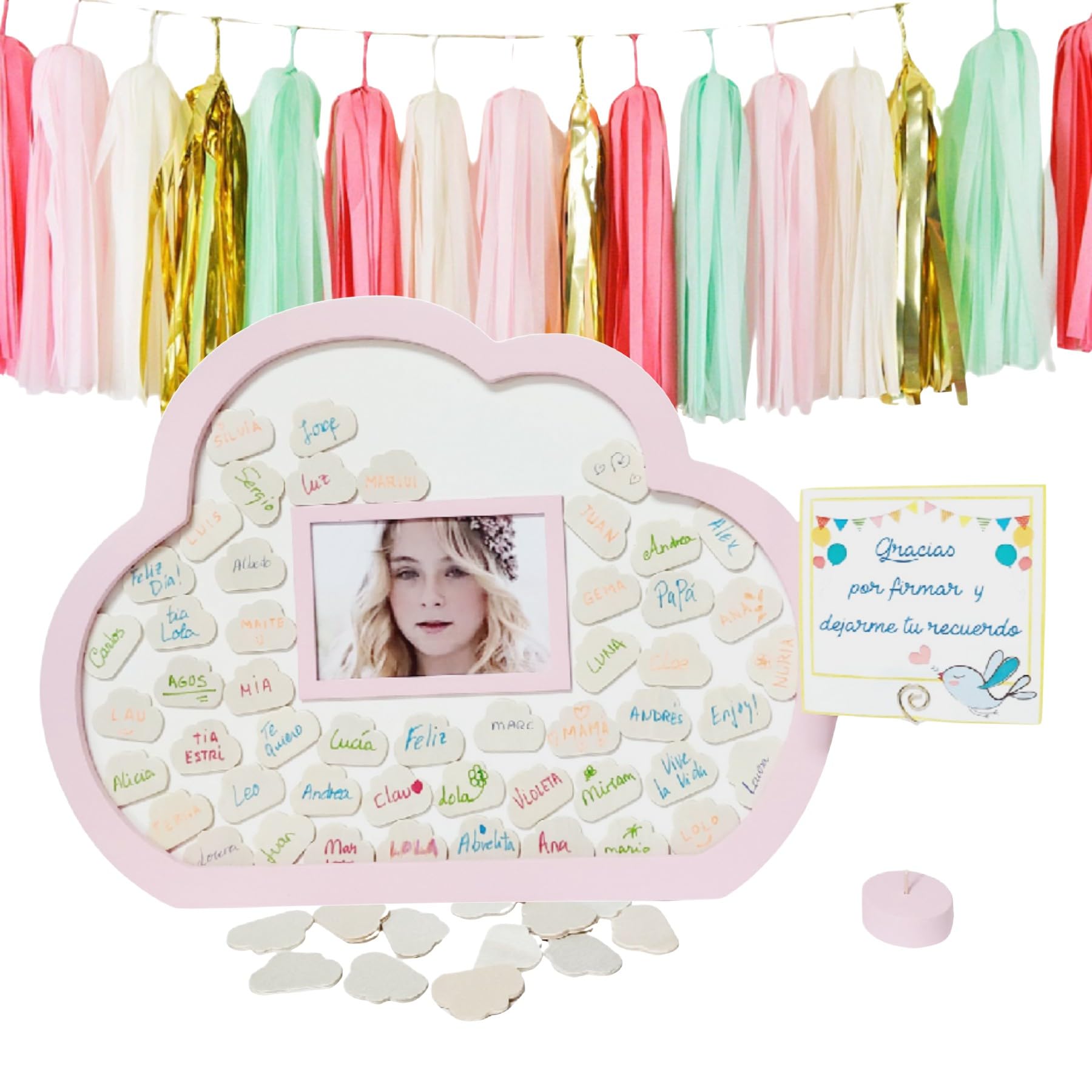 Libro de visitas en forma de nube, con Foto. Tamaño 40 x 30 cm. 50 Nubes de Madera para Firmar. - Imagen 2