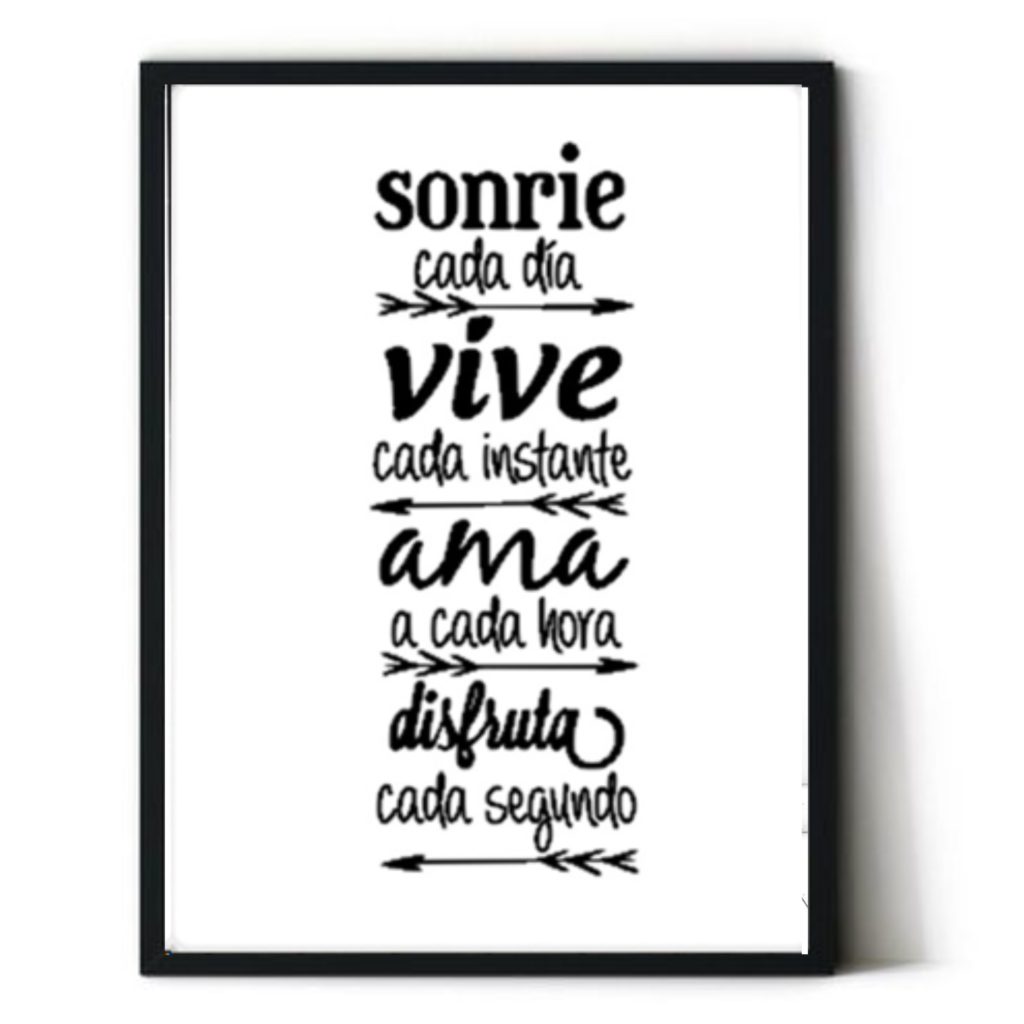 Cuadro con frase motivadora. Personalizado. Con marco incluido. Sin clavos. "Sonríe, vive, ama, disfruta..."