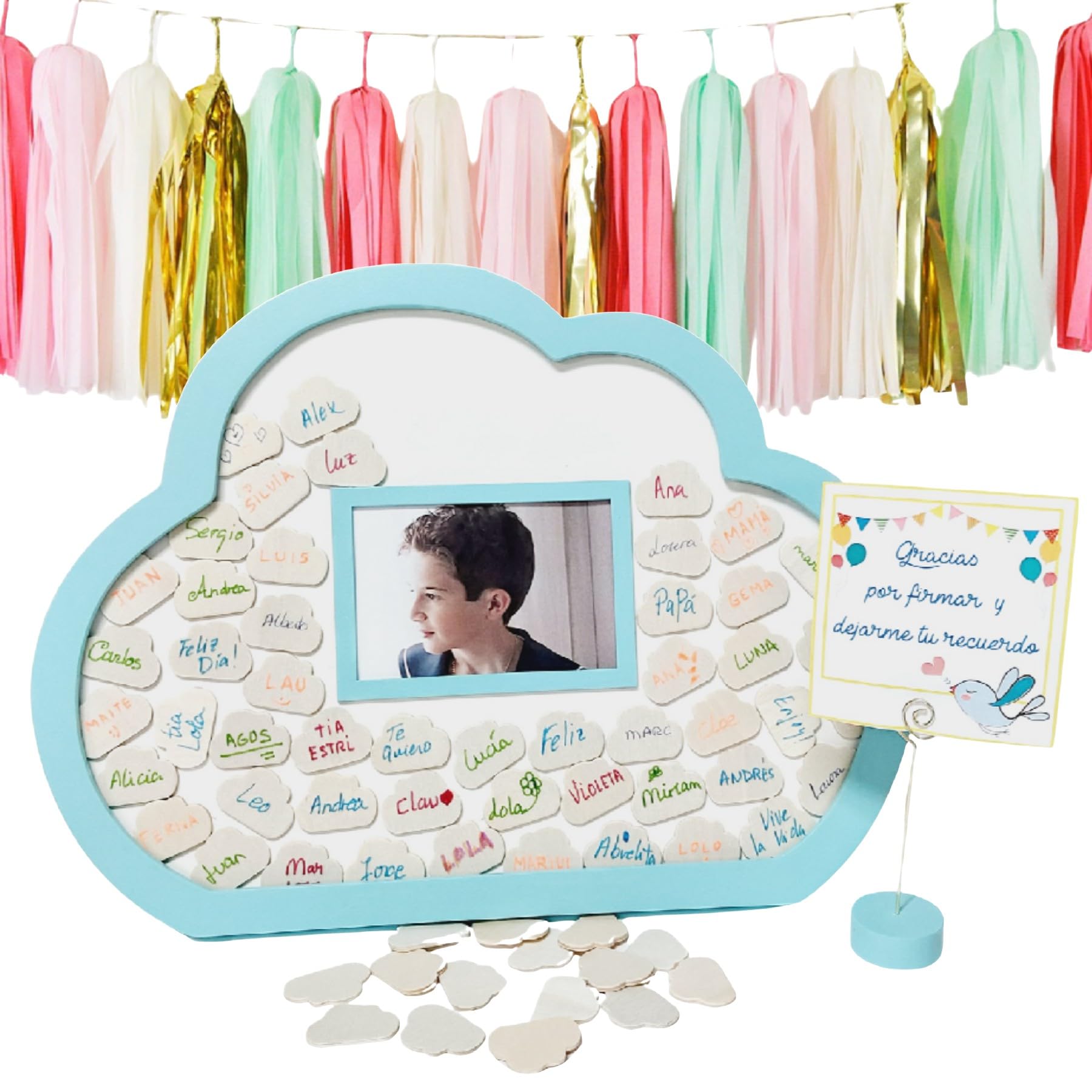 Libro de visitas en forma de nube, con Foto. Tamaño 40 x 30 cm. 50 Nubes de Madera para Firmar. - Imagen 3