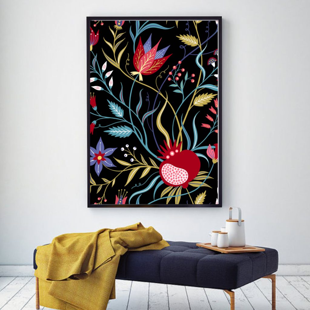 Cuadro floral con fondo negro. Sujeción Sin clavos. Gran tamaño 40 x 50 cm. Modelo F01