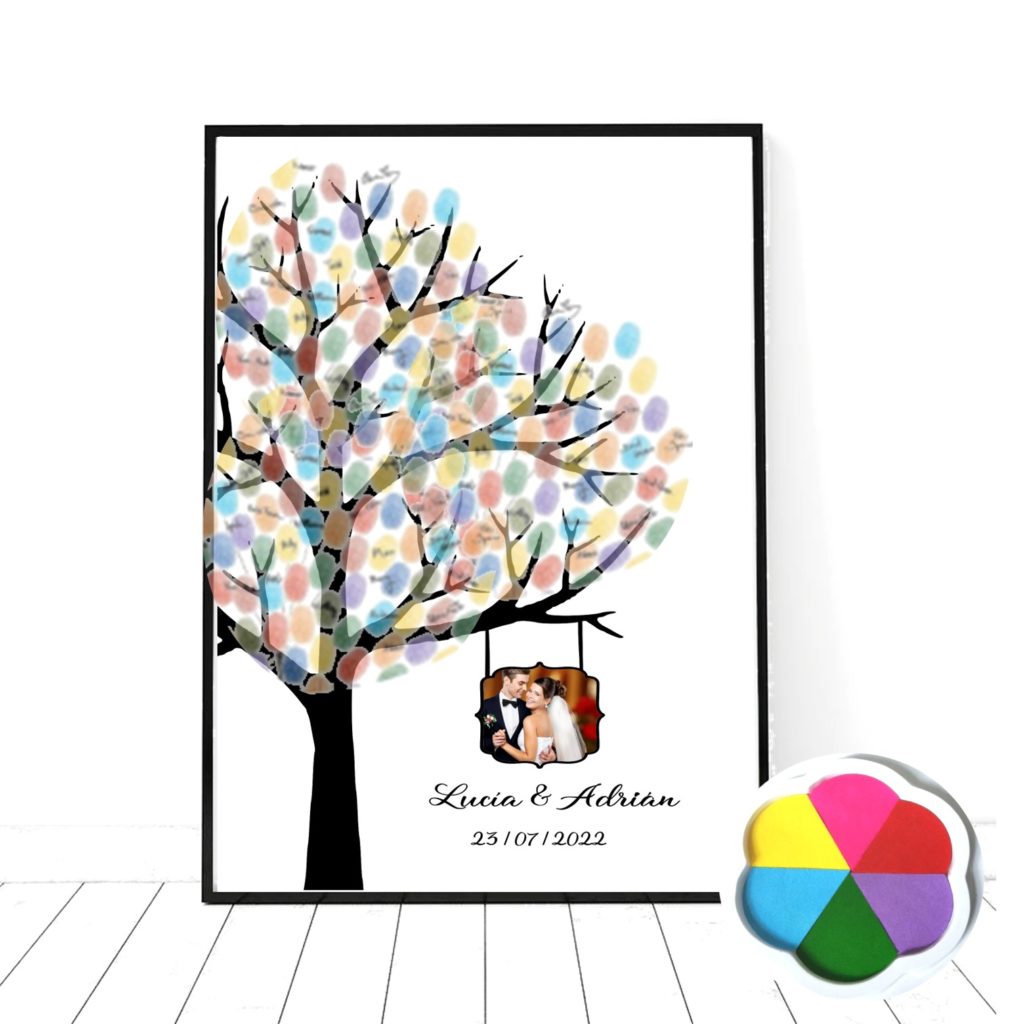 Cuadro de Huellas Boda personalizado. Con foto. Marco y almohadilla de tintas incluida. SIN CLAVOS.