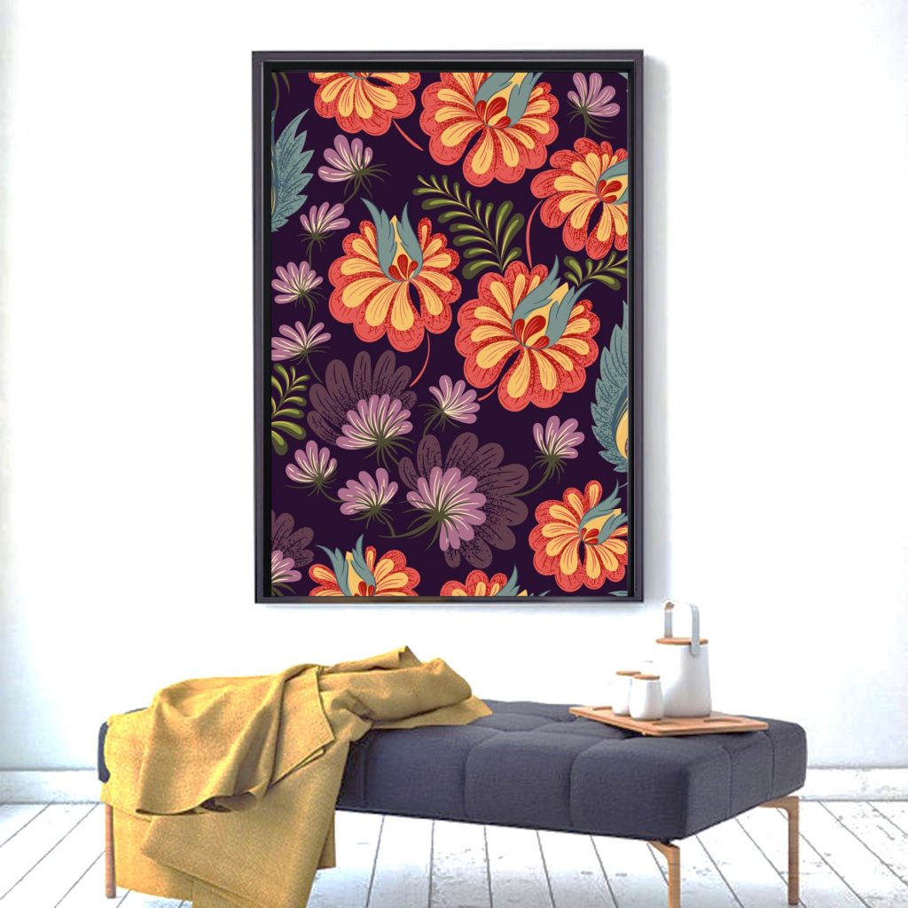 Cuadro floral con fondo negro. Sujeción Sin clavos. Gran tamaño 40 x 50 cm. Modelo F02