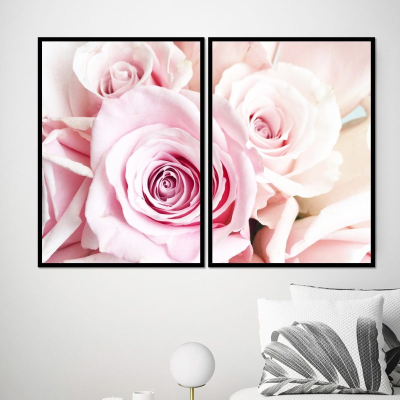 2 Cuadros flor rosa. Díptico. Sujeción Sin clavos. Gran tamaño 40 x 50 cm.