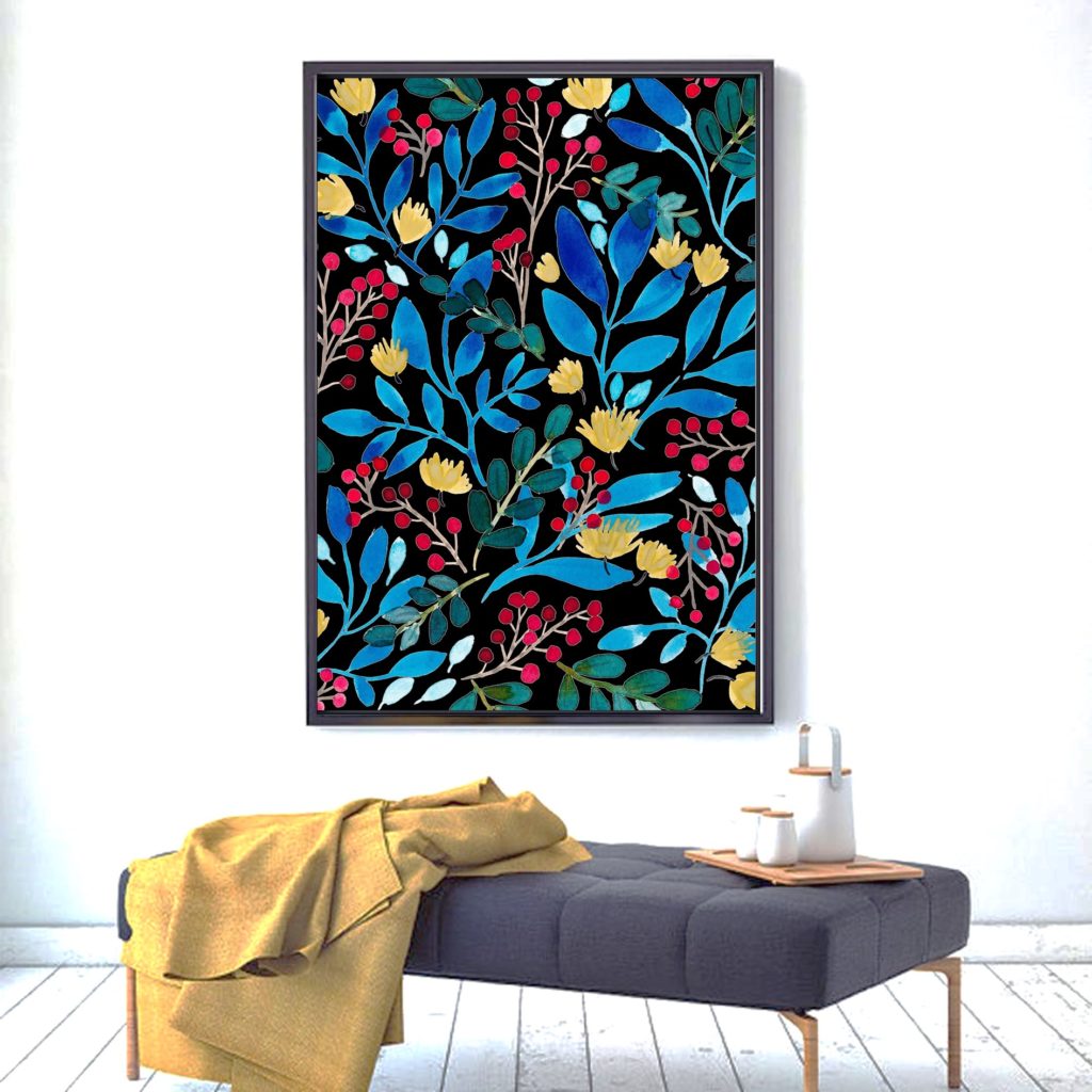 Cuadro floral con fondo negro. Sujeción Sin clavos. Gran tamaño 40 x 50 cm. Modelo F04