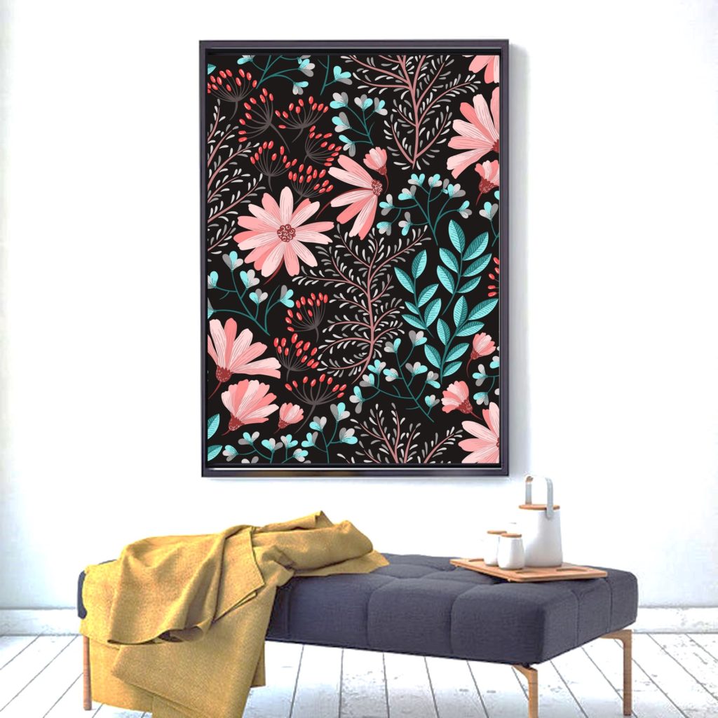 Cuadro floral con fondo negro. Sujeción Sin clavos. Gran tamaño 40 x 50 cm. Modelo F06