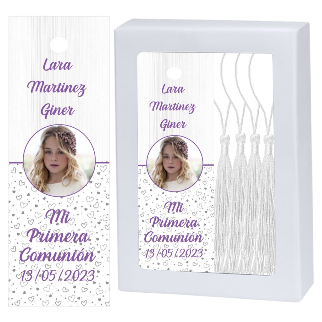 Marcapáginas Comunión Niña. Personalizado con Foto. Modelo LILA.