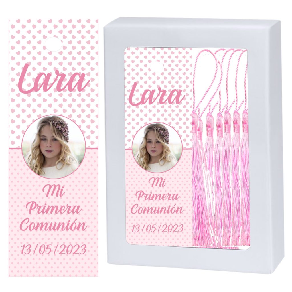 Marcapáginas Comunión Niña. Personalizado con Foto. Modelo CORAZÓN ROSA.