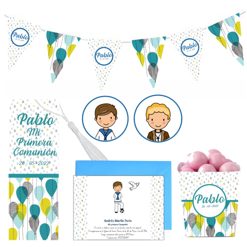 Kit Primera Comunión Niño. Personalizado. Decoración Mesa Dulce Comunión. Modelo GLOBOS