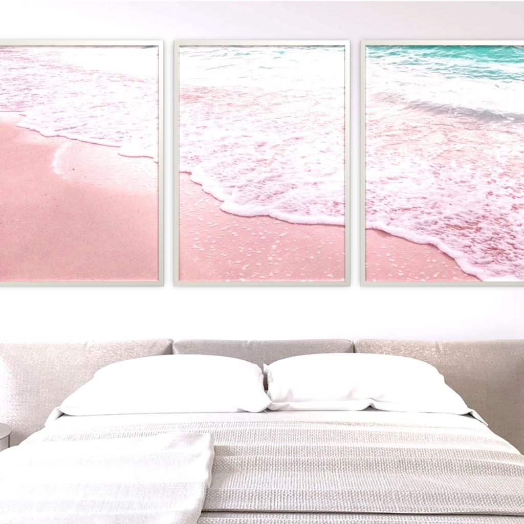Tríptico Mar Rosa Tamaño 40 x 50 cm. Con MARCO. Sin Clavos. Decoración salón, dormitorio o comedor. Decoración de pared- Cuadros modernos. Paisajes Mar