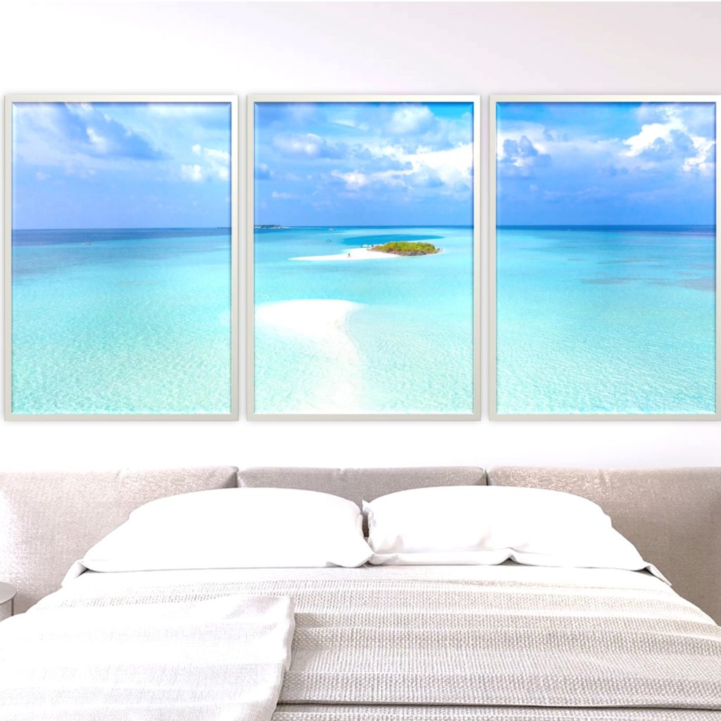 Tríptico Mar Turquesa Tamaño 40 x 50 cm. Con MARCO. Sin Clavos. Decoración salón, dormitorio o comedor. Decoración de pared- Cuadros modernos. Paisajes Mar