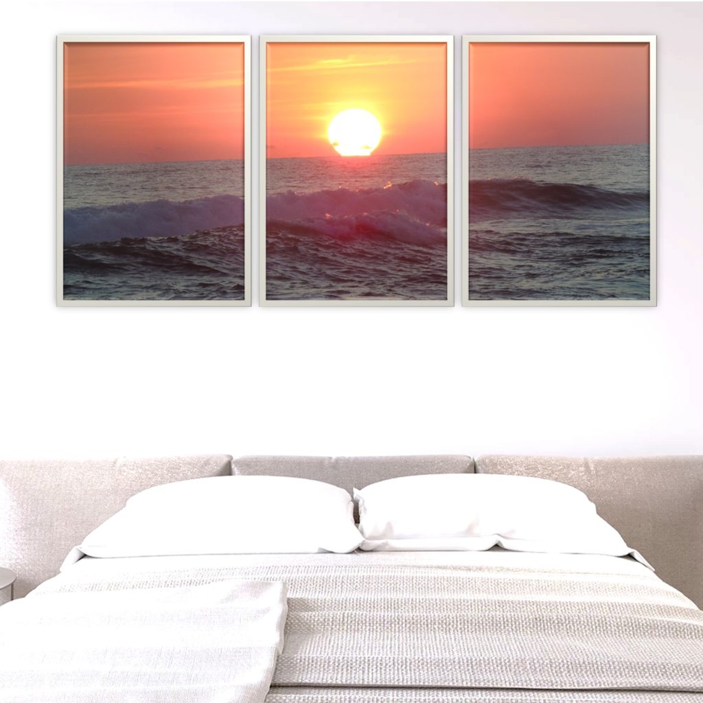 3 Cuadros. Tríptico Amanecer. Tamaño 40 x 50 cm. Marco Incluido. Sin Clavos. Decoración salón, dormitorio o comedor. Decoración de pared- Cuadros modernos. Paisajes Mar