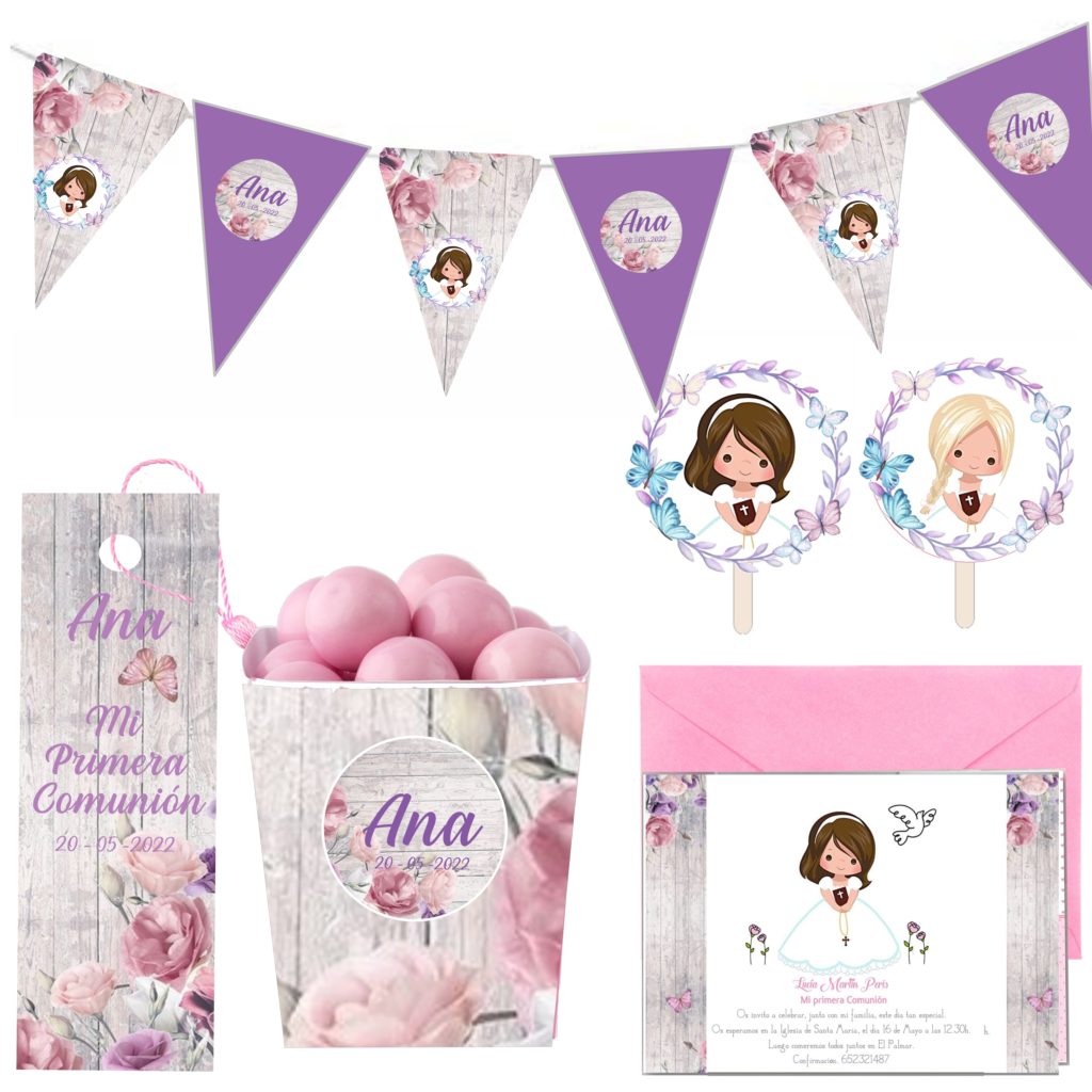 Kit Primera Comunión Niña. Personalizado. Decoración Mesa Dulce Comunión. Modelo LILA