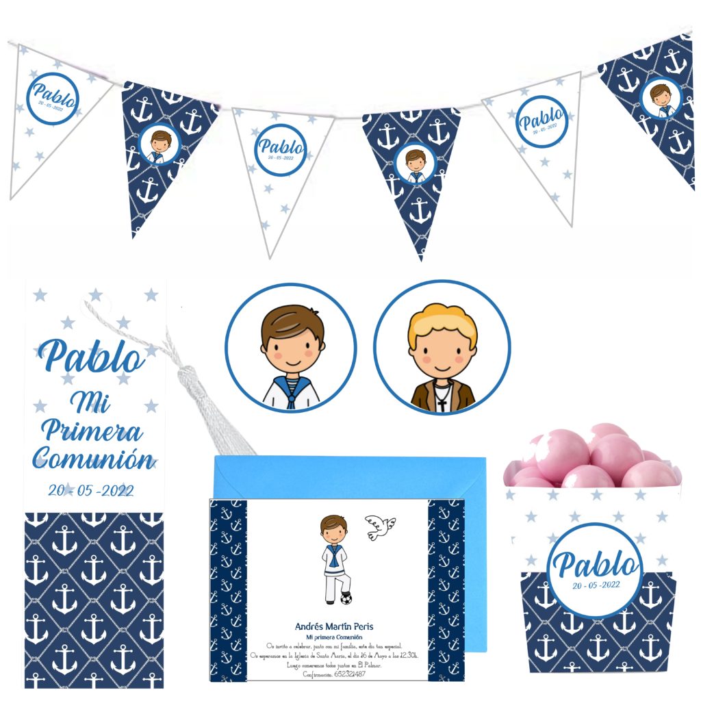 Kit Primera Comunión Niño. Personalizado. Decoración Mesa Dulce Comunión. Modelo MARINERO
