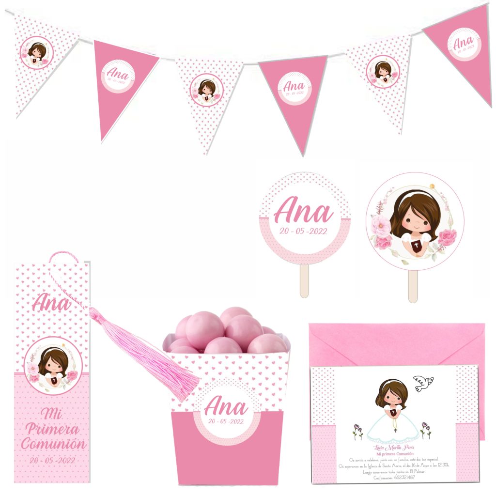 Kit Primera Comunión Niña. Personalizado. Decoración Mesa Dulce Comunión. Modelo ROSA