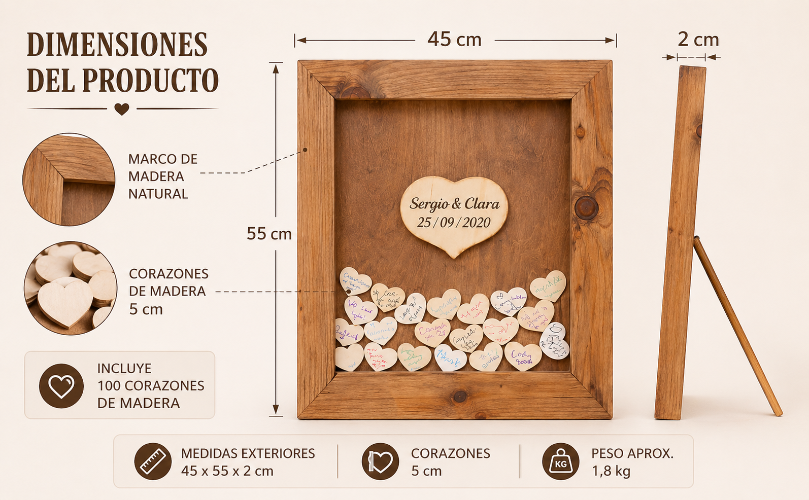 Libro de invitados. Cuadro Boda para firmar.45 x 55 cm Hucha de corazones. Con soporte. Personalizable. Rústico. - Imagen 3