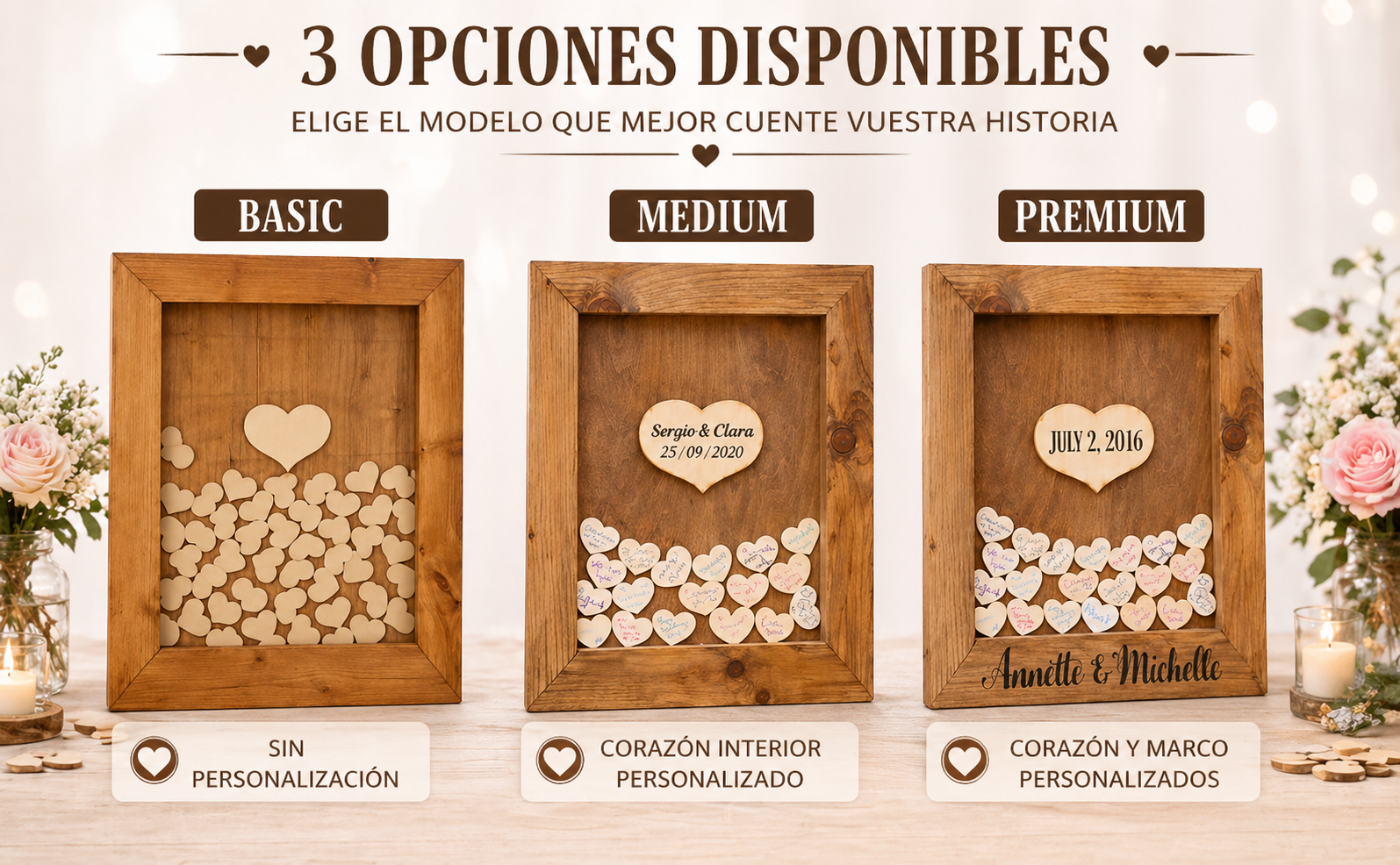 Libro de invitados. Cuadro Boda para firmar.45 x 55 cm Hucha de corazones. Con soporte. Personalizable. Rústico. - Imagen 2