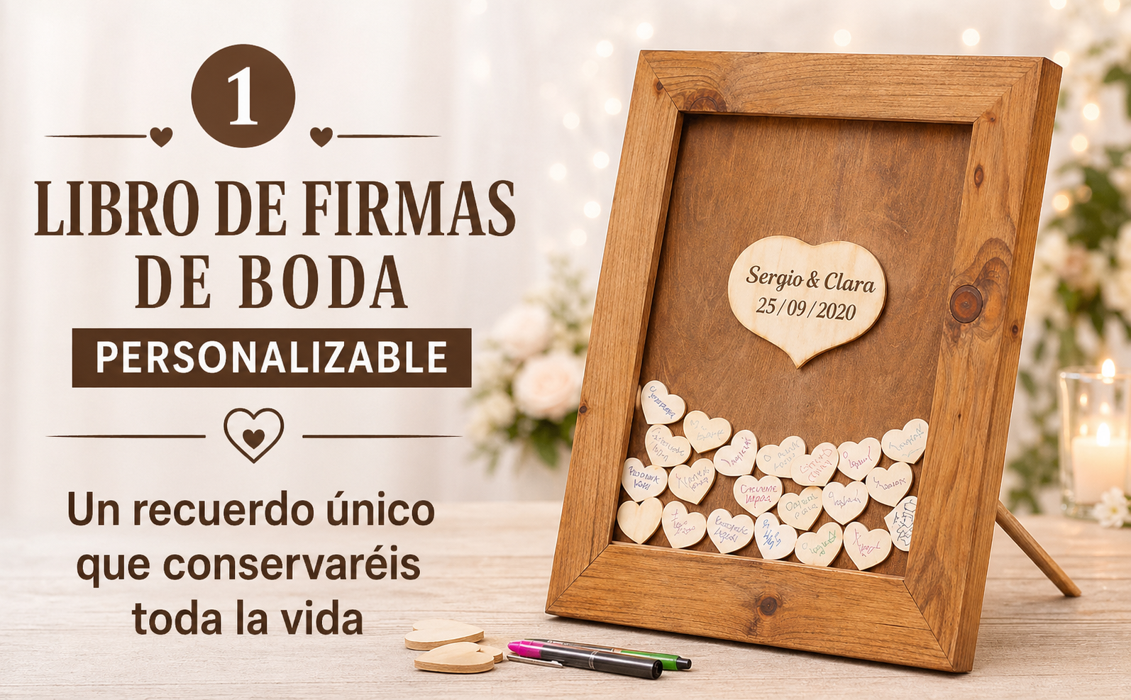 Libro de invitados. Cuadro Boda para firmar.45 x 55 cm Hucha de corazones. Con soporte. Personalizable. Rústico. - Imagen 4