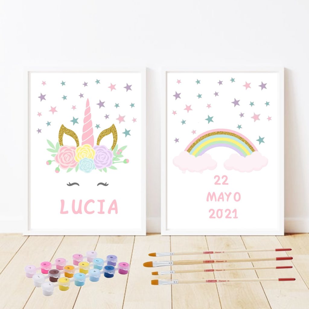 PACK 2 unidades. Pintar por Números Personalizado. Marcos incluidos, sin clavos. Pintura Manualidades infantil.  (UNICORNIO - ARCOIRIS)