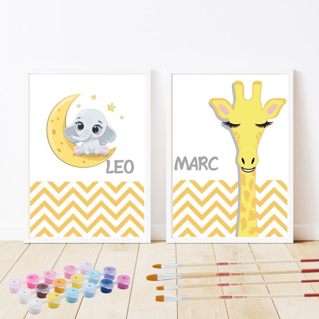 PACK 2 unidades. Pintar por Números Personalizado. Marcos incluidos, sin clavos. Pintura Manualidades infantil.  (ELEFANTE - JIRAFA)