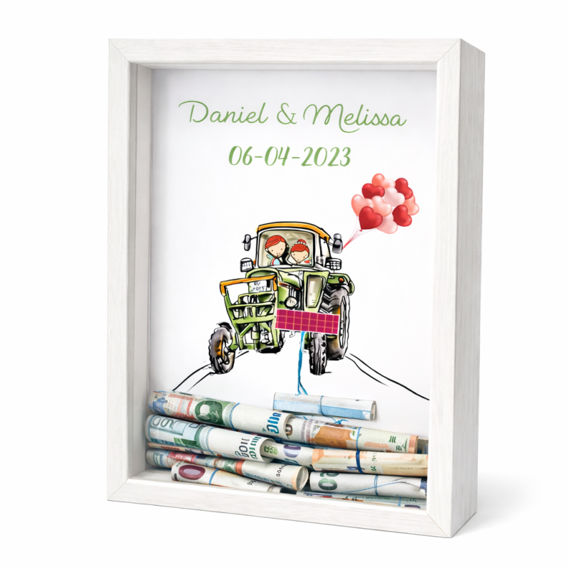 Cuadro para regalar dinero a los novios. Recuerdo boda. Modelo Tractor