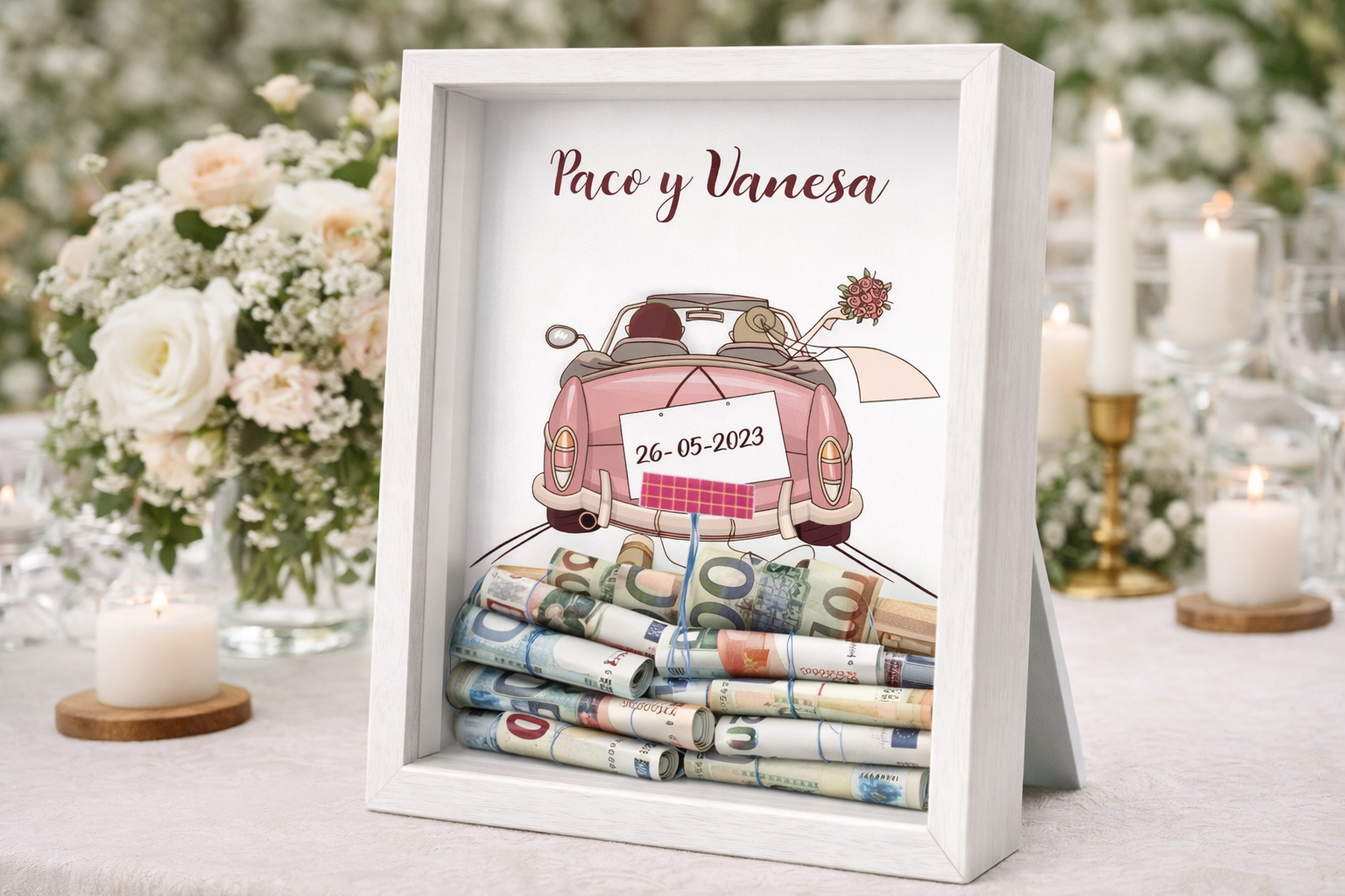 Cuadro Personalizado para Regalar Dinero en Boda. Coche rosa. - Imagen 4