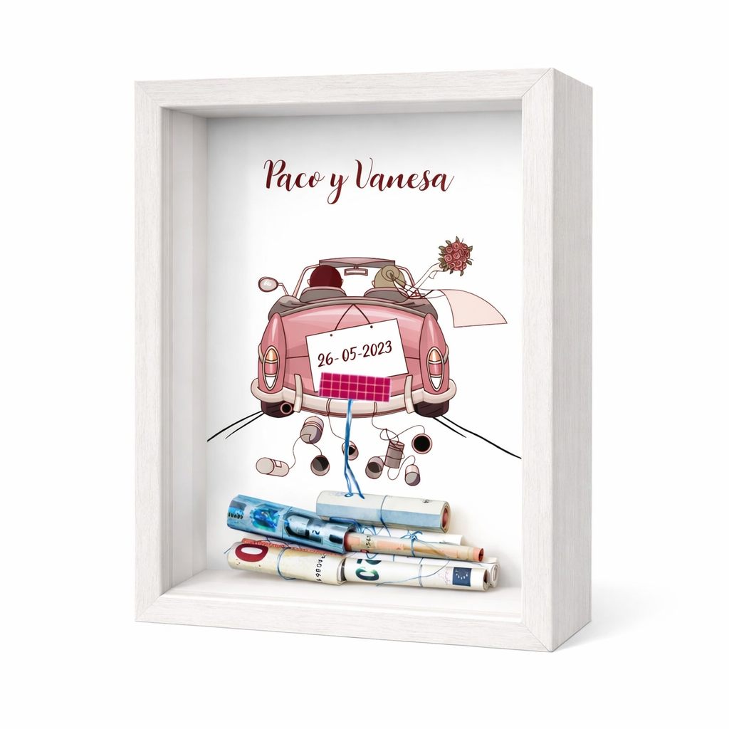 Cuadro Personalizado para Regalar Dinero en Boda. Coche rosa.