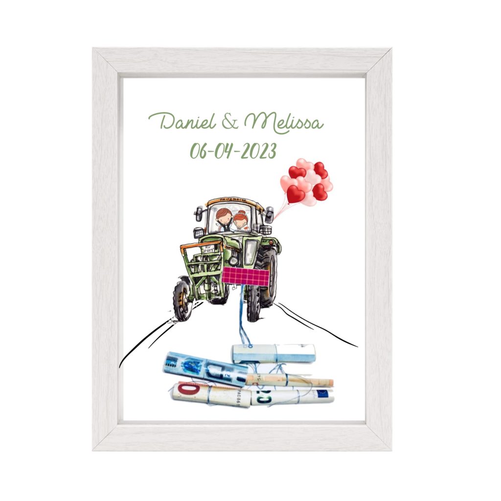 Cuadro para regalar dinero a los novios. Recuerdo boda. Modelo Tractor