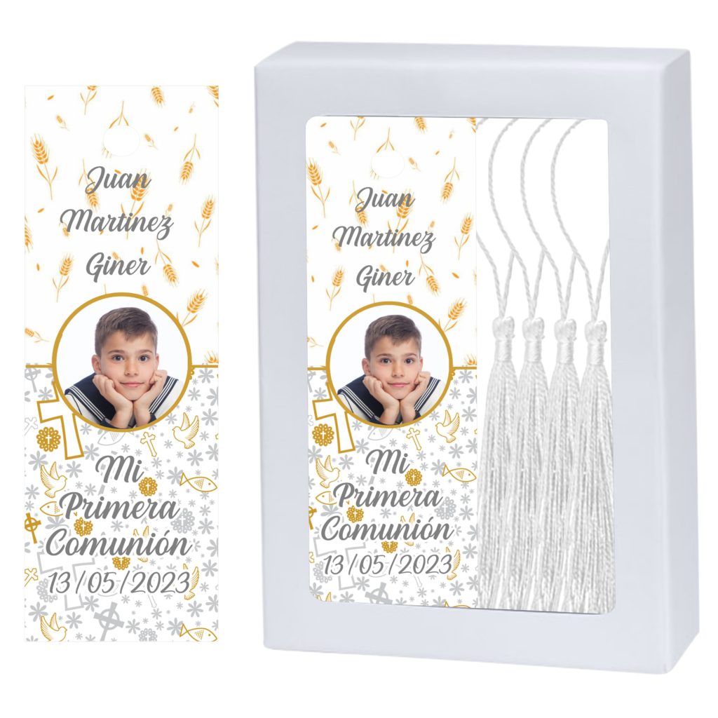 Marcapáginas Comunión Niño. Personalizado con Foto y borla a juego. Modelo Cáliz