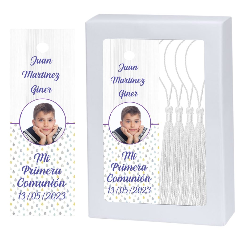 Marcapáginas Comunión Niño. Personalizado con Foto y borla a juego. Modelo Gotas