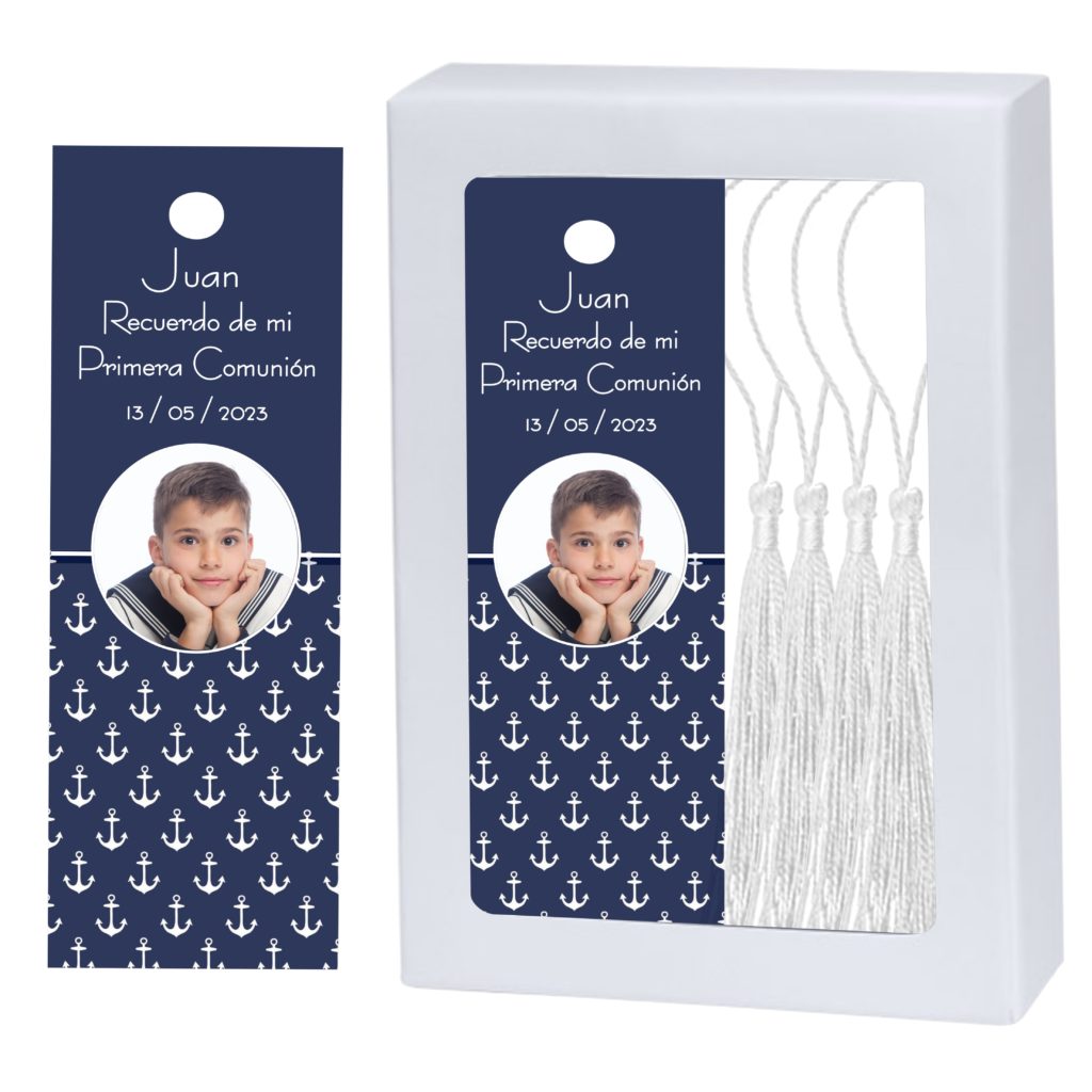 Marcapáginas Comunión Niño. Personalizado con Foto y borla a juego. Modelo Marinero