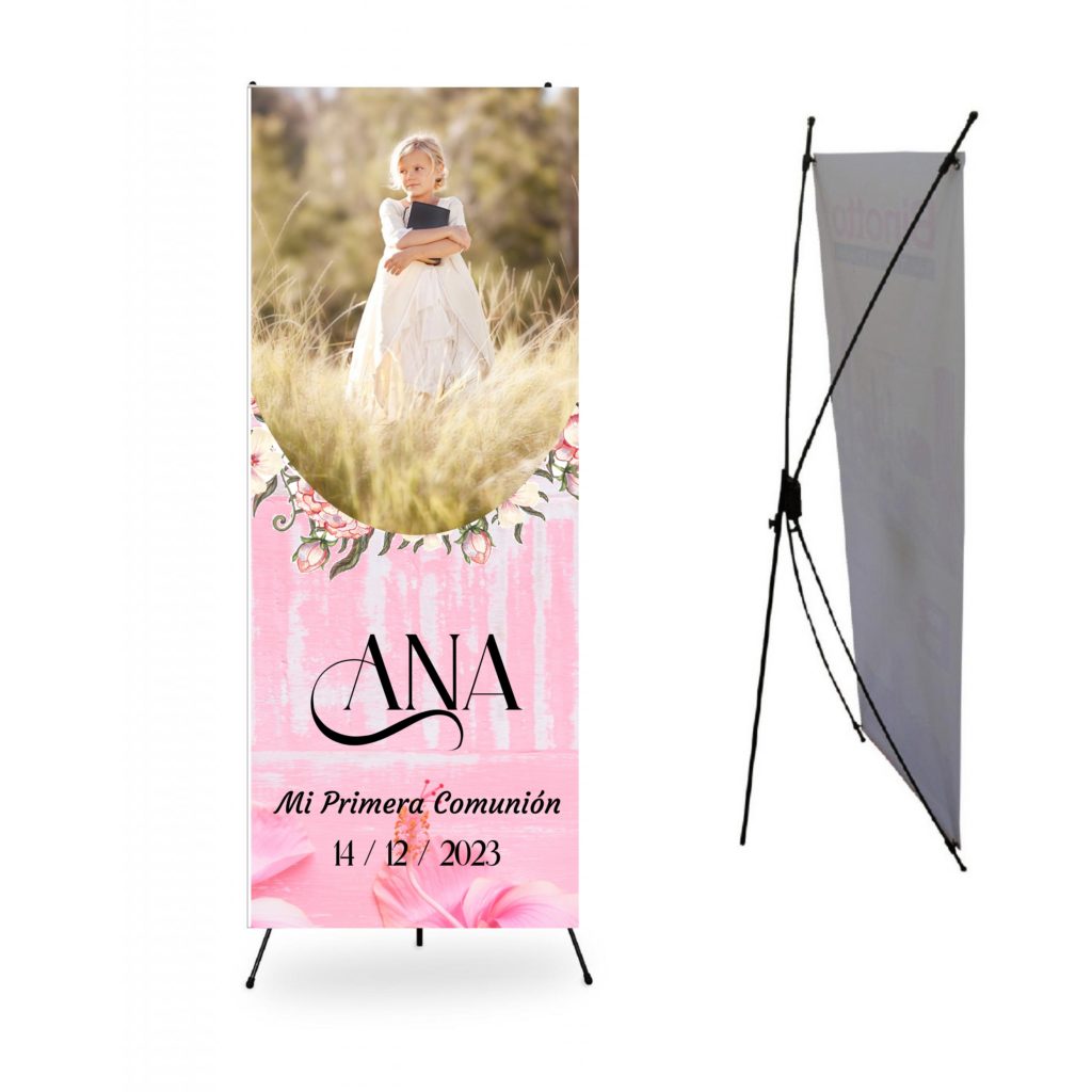 Cartel Comunión Niña. Personalizado con Foto. Photocall Bienvenida Comunión niña. RÚSTICO ROSA