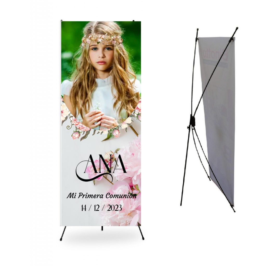 Cartel Comunión Niña. Personalizado con Foto. Photocall Bienvenida Comunión niña. FLORES ROSAS