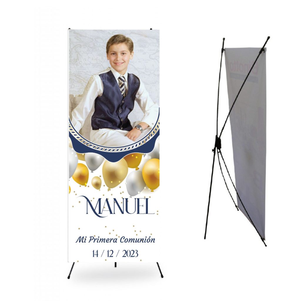 Cartel Comunión Niño. Personalizado con Foto. Photocall Bienvenida Comunión niño.GLOBOS