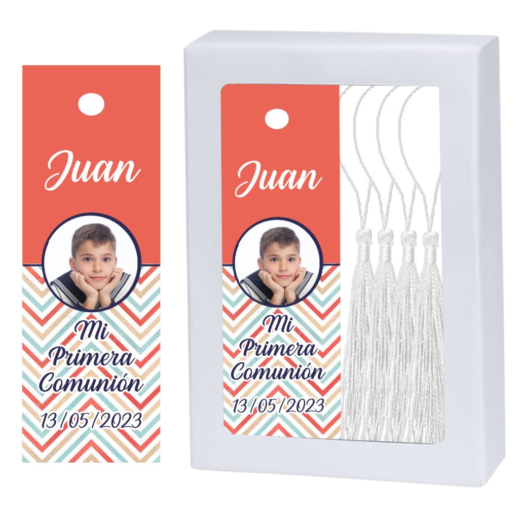 Marcapáginas Comunión Niño. Personalizado con Foto y borla a juego. Modelo Rombo